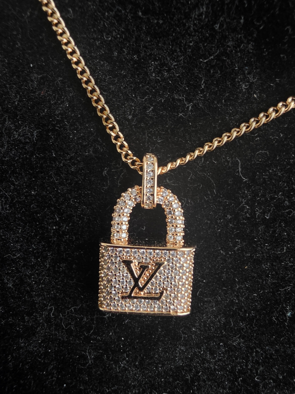 LUXURY Gold-Tone Crystal Padlock Pendant Necklace.